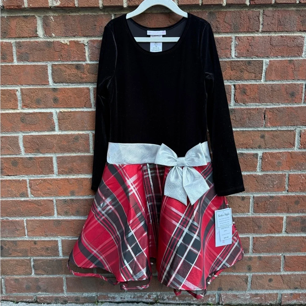 Bonnie Jean Girls Long-Sleeve Plaid Hipster Dress Silver Bow Size 8 NWT Holiday - Picture 1 of 6